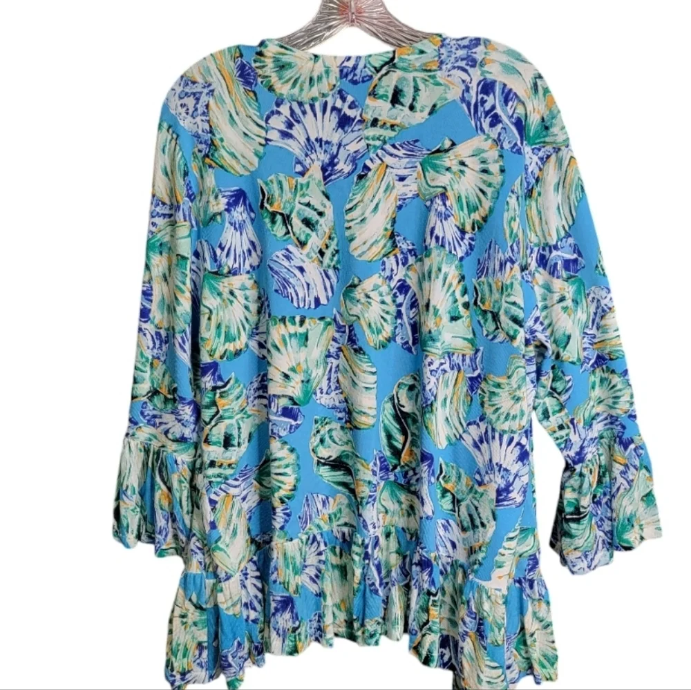 Chico's open front top size 3 US XL blue shells cruise beach Ruffled cardigan *